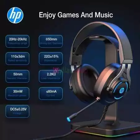 Casque de jeu HP H360G 7.1 Virtual Surround Usb 2.0 avec microphone lumière LED haut-parleur 50mm