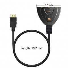 Commutateur HDMI 4K à 3 ports, 3x1, câble spiralé, prend en charge le lecteur 3D HD intégrale 1080p