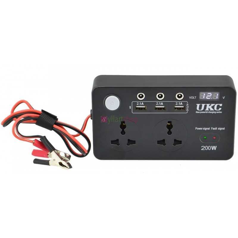 Convertisseur UKC auto onduleur 12V-220V 200W avec écran (3 USB, 2 prises, 3 ports 5.5x2.5) Convertisseur UKC auto onduleur 12V-220V 200W avec écran (3 USB, 2 prises, 3 ports 5.5x2.5)