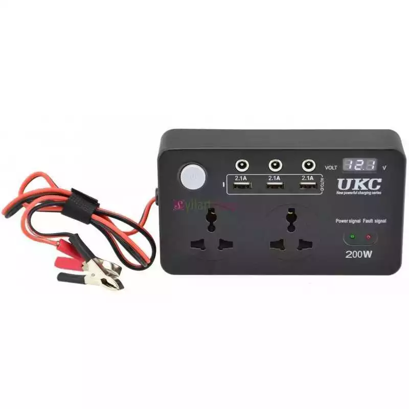 Convertisseur UKC auto onduleur 12V-220V 200W avec écran (3 USB, 2 prises, 3 ports 5.5x2.5)