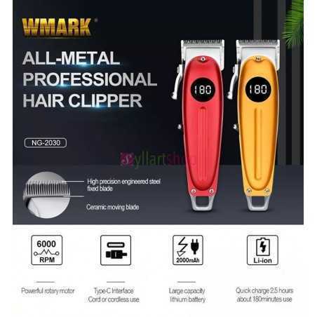 Tondeuse à cheveux professionnelle en métal, WMARK NG-2030 – avec affichage numérique LCD, Push, blanc, USB, lettrage, huile