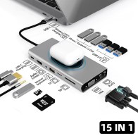 Station d'accueil USB C 15 en 1 Type C vers HDMI, VGA, RJ45, USB 3.0, carte SD/TF, chargement PD