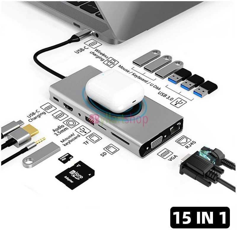 Station d'accueil USB C 15 en 1 Type C vers HDMI, VGA, RJ45, USB 3.0, carte SD/TF, chargement PD
