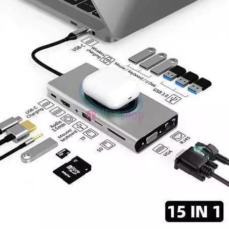 Station d'accueil USB C 15 en 1 Type C vers HDMI, VGA, RJ45, USB 3.0, carte SD/TF, chargement PD