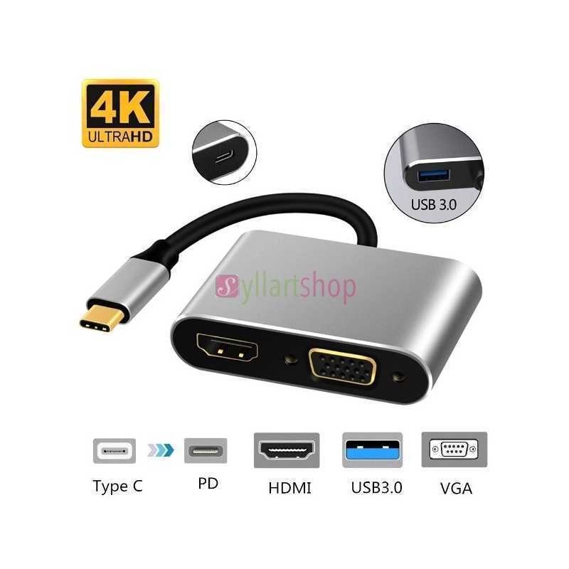 Hub USB Type-C vers HDMI et VGA | Convertisseur 2-en-1 | Ultra HD 4K