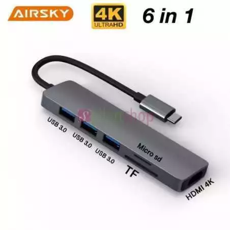 Adaptateur AIRSKY HC-74C 6 en 1 USB-C HUB + Lecteur de CARTE USB C vers HDTV