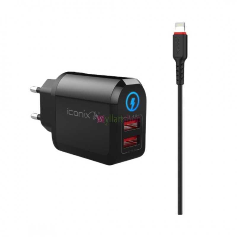 Chargeur Mural ICONIX 17W (3.4A) | Ultra-Rapide pour iPhone & iPad | Câble Lightning Intégré