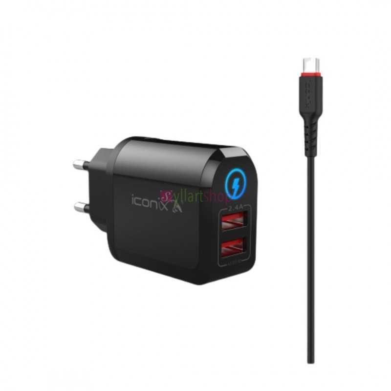 Chargeur Mural ICONIX 12W (2.4A) | Rapide pour iPhone & iPad | USB-A + Câble Micro V8