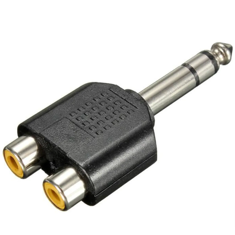 Adaptateur jack 6,35 mm mâle vers 2 RCA femelles moule plastique. Adaptateur jack 6,35 mm mâle vers 2 RCA femelles moule plastique.