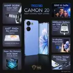 Téléphone Portable Tecno Camon 20 Factory Débloqué-Double SIM-6.67" Fhd+Amoled 8GB Ram 256GB
