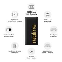 Power bank Realme 10000mAh 12W à charge rapide 2i (lithium polymère)