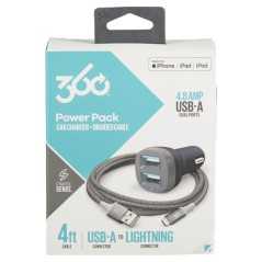 Chargeur Voiture 2 ports 360 Power Pack Car Chargeur USB A + USB A d'une puissance totale