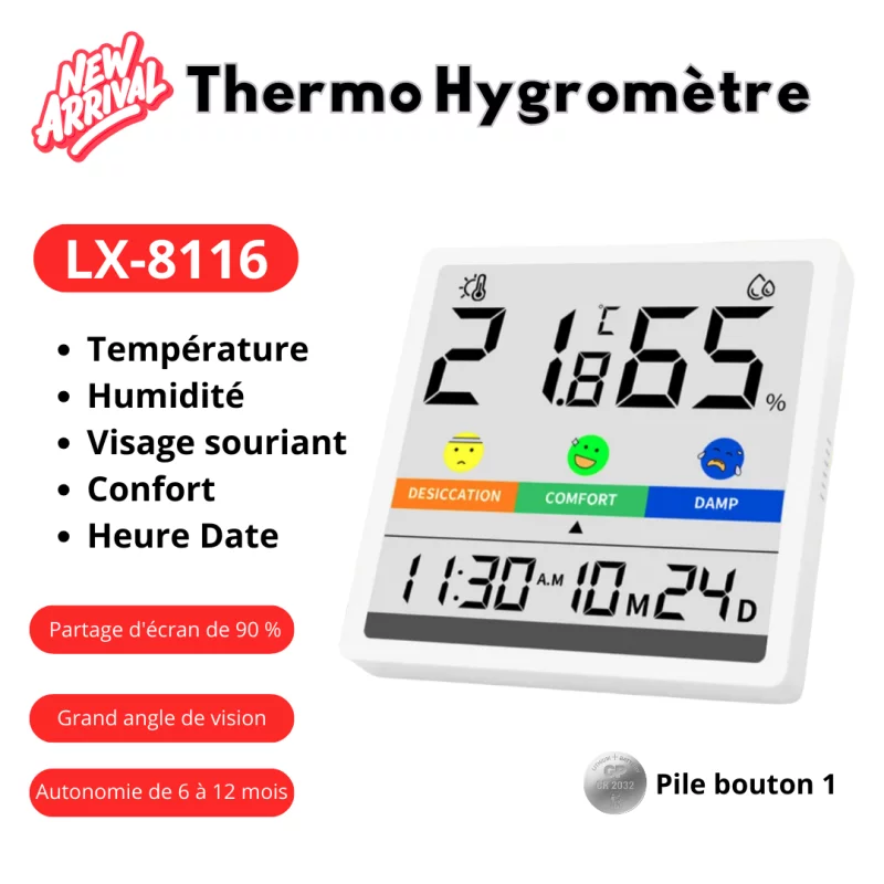 Thermo hygromètre domestique LX8116, de température et d'humidité d'horloge ultra-mince carré