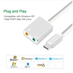 Carte son USB externe Type-C vers casque audio USB stéréo 3D pour Mac OS X Windows