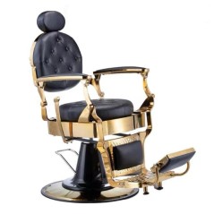 Fauteuil de barbier en métallique brillante RS-BC8799GD pour salon de coiffure avec une tapisserie en simili-cuir noir