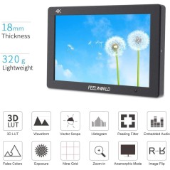 Moniteur caméra 4K entrée/Sortie HDMI IPS 1920x1200 FEELWORLD T7 Plus 7 "3D LUT avec Forme d'onde Pare-Soleil Pliable