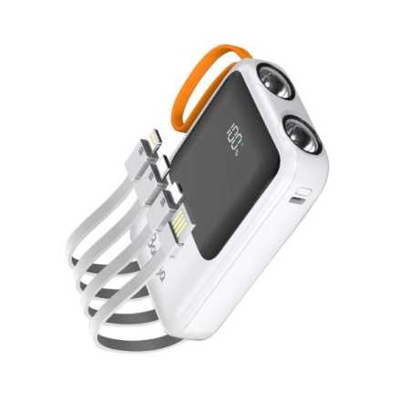 Power Bank Baraka BRK-PB30 10000mAh avec 1 entrée type-C et 1 entrée cable USB + cable lightning/micro + torche blanc