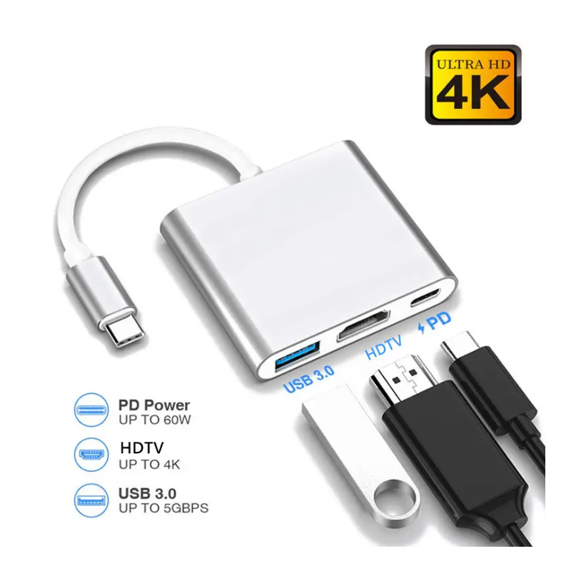 Câble multi ports 4K 3-en-1 type-c vers HDTV + port Usb3.0 Câble multi ports 4K 3-en-1 type-c vers HDTV + port Usb3.0