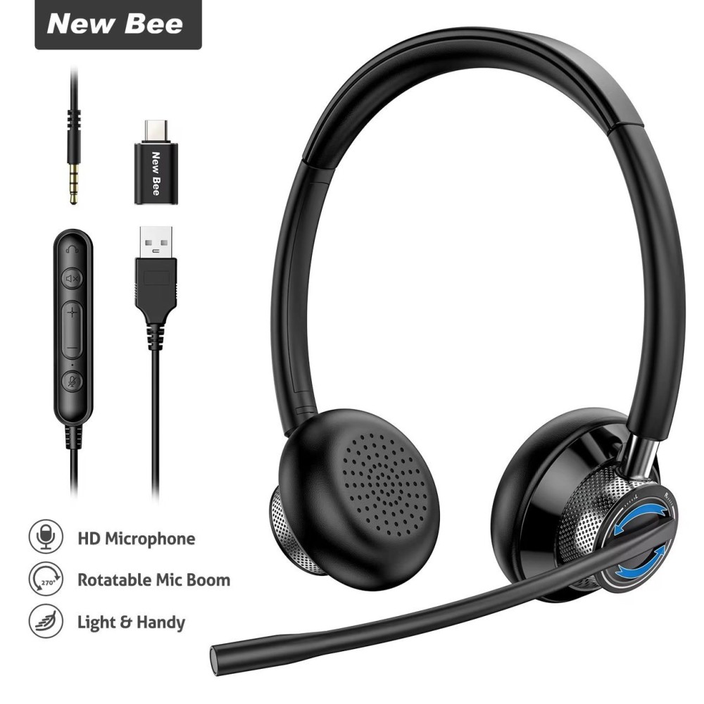 Casque d'ordinateur filaire pour centre d'appels New Bee H361 avec microphone