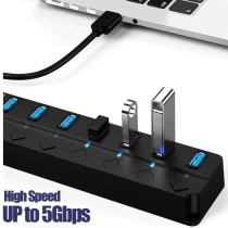 Hub USB 3.0 haute vitesse 7 ports avec interrupteur Câble 30cm pour PC
