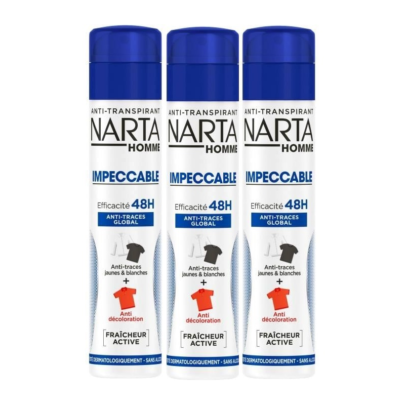 Lot de 3 Déodorant NARTA Homme Anti Transpirant Impeccable 48H Spray 200 ml Lot de 3 Déodorant NARTA Homme Anti Transpirant Impeccable 48H Spray 200 ml