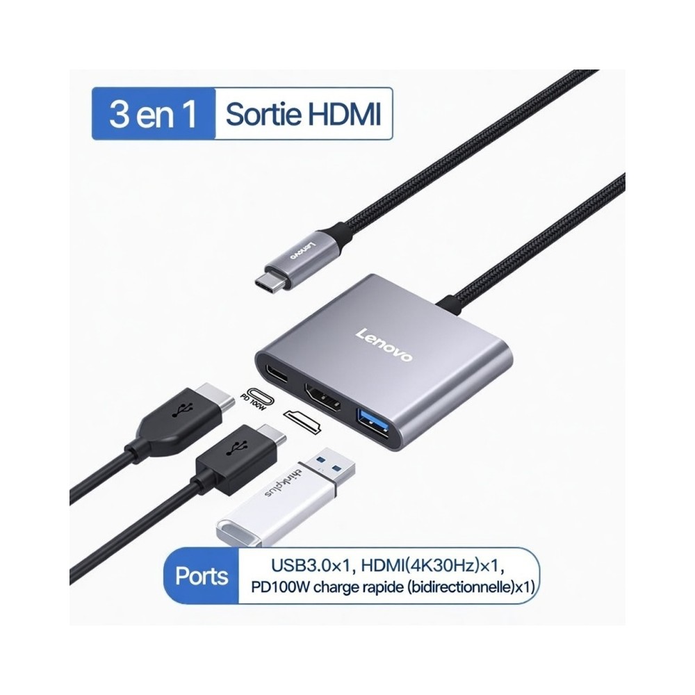 Hub USB-C Lenovo 3-En-1 | 4K HDMI | USB 3.0 | PD 100W ORIGINAL