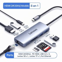 Hub USB-C Lenovo 8-En-1 | 4K 30Hz | Ethernet Gigabit | Lecteur SD/TF | PD 100W ORIGINAL