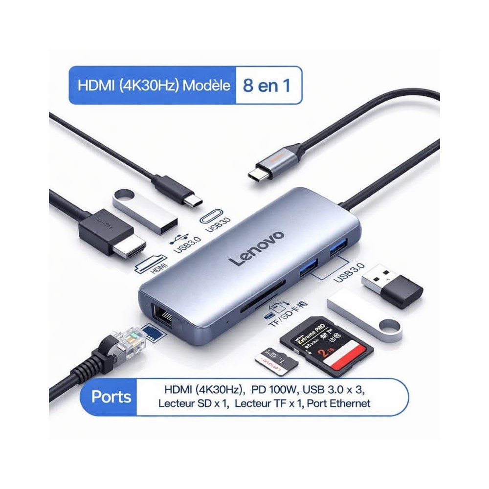 Hub USB-C Lenovo 8-En-1 | 4K 30Hz | Ethernet Gigabit | Lecteur SD/TF | PD 100W ORIGINAL