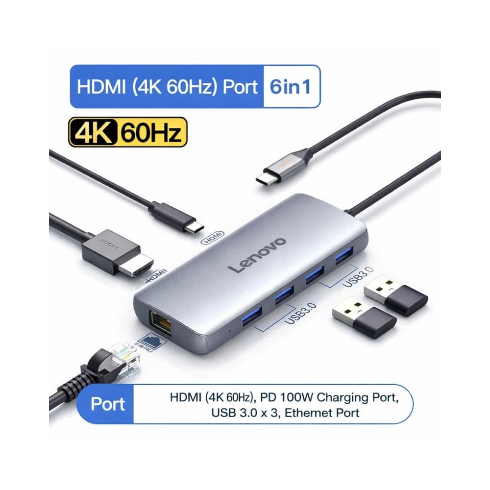 Hub USB-C Lenovo 6-En-1 | 4K 60Hz | Ethernet Gigabit | PD 100W ORIGINAL