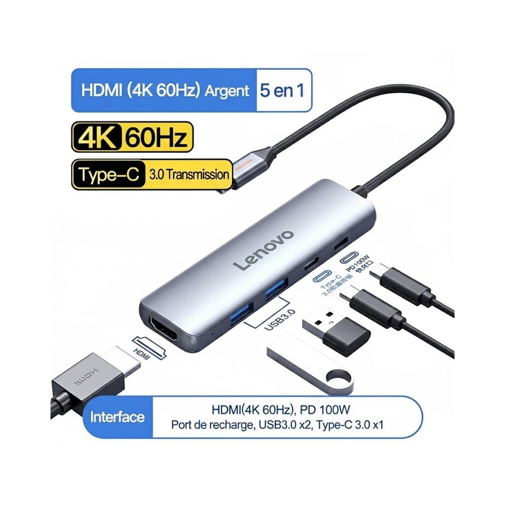 Lenovo E1-D05H  Hub USB-C 5-en-1  Charge PD 100W  3x USB 3.0