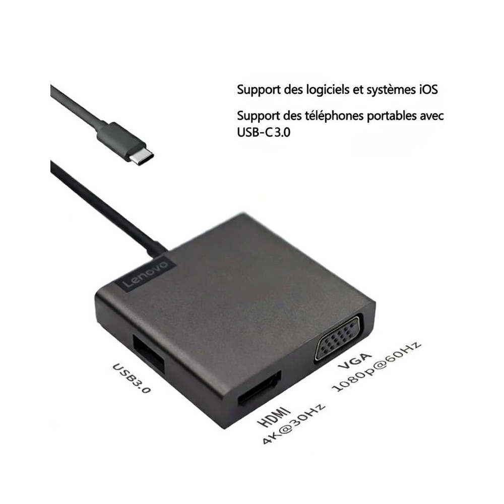 Station d'accueil Lenovo USB-C 4-en-1  Hub Portable Haute Performance  HDMI 4K & VGA