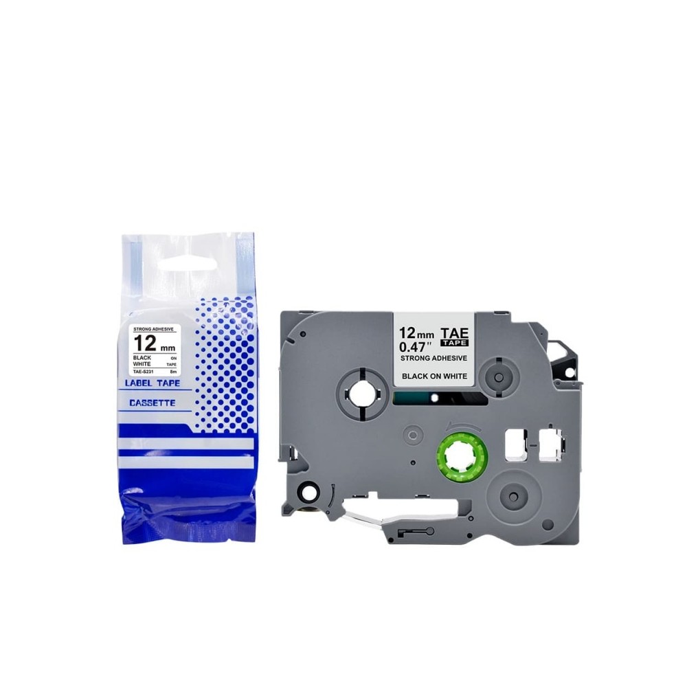 Cassette Ruban TAE-S231 | 12mm Noir sur Blanc | Adhésif Fort | 8m
