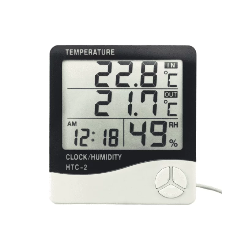 Thermo hygromètre numérique HTC-2 intérieur / extérieur Testeur d'humidité de la température avec heure / horloge