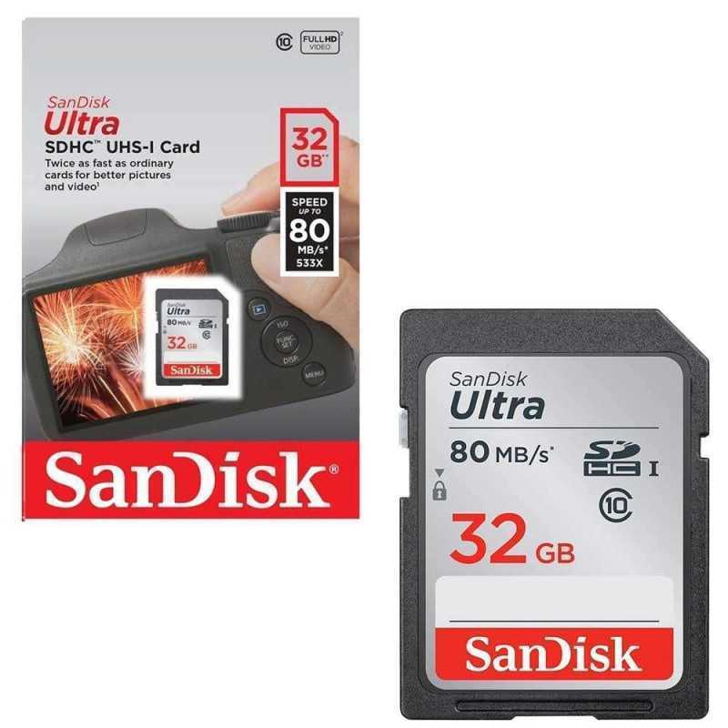 Carte Mémoire SDHC 32Go SanDisk Ultra jusqu'à 80 Mo/s, Classe 10 FFP Carte Mémoire SDHC 32Go SanDisk Ultra jusqu'à 80 Mo/s, Classe 10 FFP