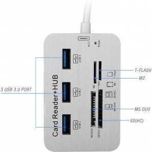 Hub USB 3.0 / 3.1 à 3 ports avec lecteur de carte, SD / SDHC / TF / MS DUO / M2 pour Windows, Mac OS et Linux