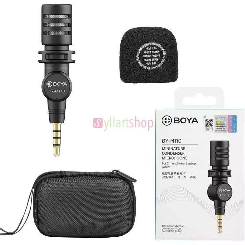 Microphone Boya BY-M110 à condensateur compact - Directivité omnidirectionnelle - Jack 3.5 mm TRRS - Smartphone/Tablette/PC