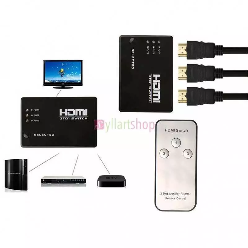 Switch HDMI avec télécommande IR, 3 entrées, 3 sorties, sélecteur hub HDMI pour HDTV, PS3, DVD