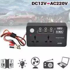 Convertisseur UKC auto onduleur 12V-220V 200W avec écran (3 USB, 2 prises, 3 ports 5.5x2.5)