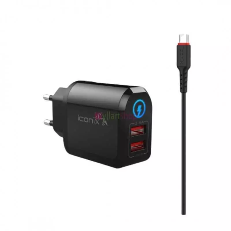 Chargeur Mural ICONIX 12W (2.4A) | Rapide pour iPhone & iPad | USB-A + Câble Micro V8