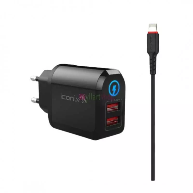 Chargeur Mural ICONIX 17W | Dual Port (Lightning Intégré + USB) | Recharge iPhone et Accessoire Simultanément
