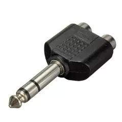 Adaptateur jack 6,35 mm mâle vers 2 RCA femelles moule plastique.