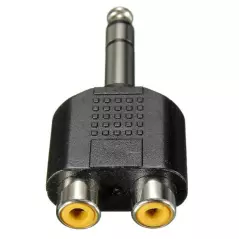 Adaptateur jack 6,35 mm mâle vers 2 RCA femelles moule plastique.