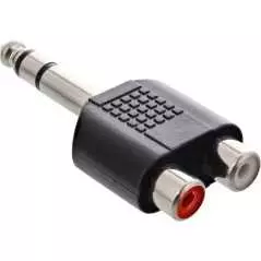 Adaptateur jack 6,35 mm mâle vers 2 RCA femelles moule plastique.