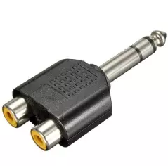 Adaptateur jack 6,35 mm mâle vers 2 RCA femelles moule plastique.