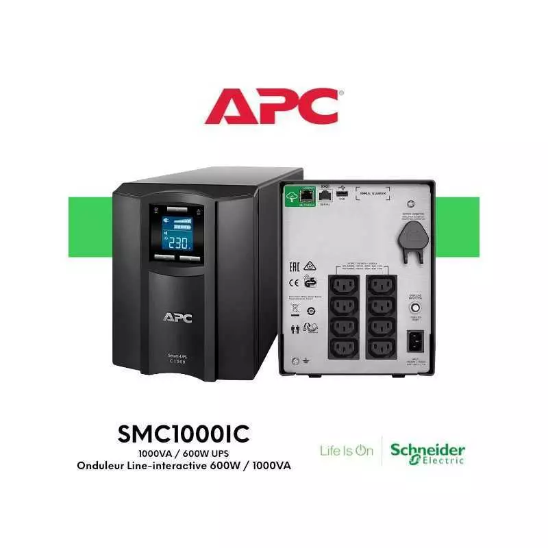 Onduleur line-interactive monophasé LCD 230V APC SMC1000IC Smart-UPS Tour (USB / RJ45 Série)