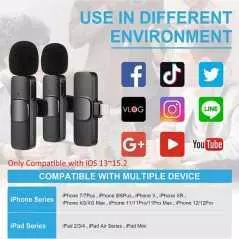 Microphone Lavalier sans fil micro cravate double K9-L-2IN1 pour Iphone, enregistrement audio vidéo