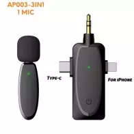 Microphone cravate sans fil double micro à revers pour Camera, MICRO CRAVATE SANS FIL AP003-3IN1,synchronisation automatique