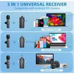 Microphone cravate sans fil double micro à revers pour Camera, MICRO CRAVATE SANS FIL AP031-3IN1,synchronisation automatique.