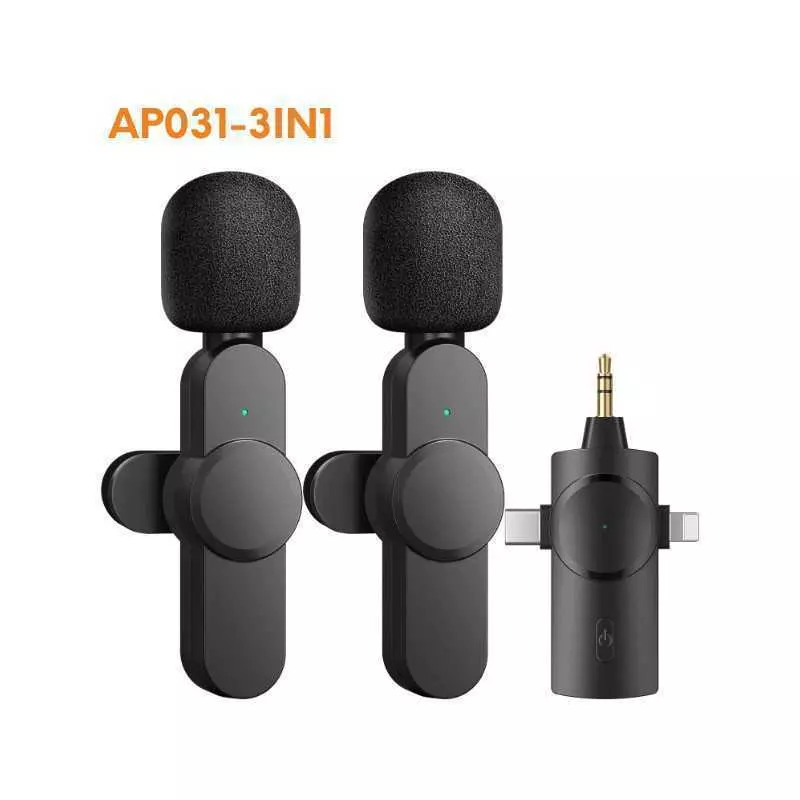 Microphone cravate sans fil double micro à revers pour Camera, MICRO CRAVATE SANS FIL AP031-3IN1,synchronisation automatique.