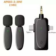 Microphone cravate sans fil double micro à revers pour Camera, MICRO CRAVATE SANS FIL AP003-2-3IN1,synchronisation automatique.